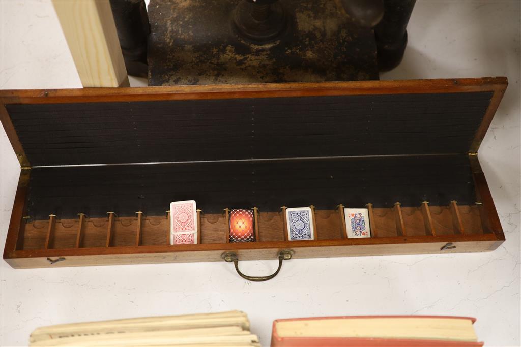 A book binders cast iron press, various Punch publications, a Jacques mahogany patience box
